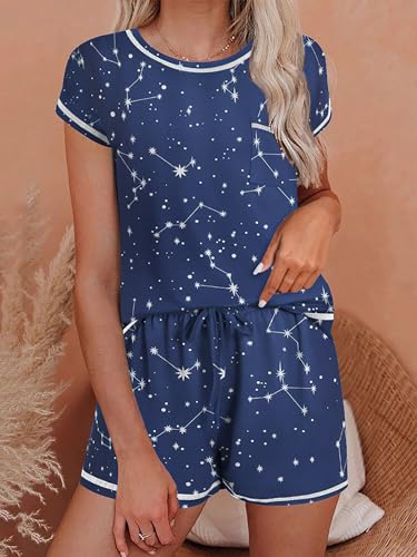 Image of Ekouaer Womens Pajama Sets 2 Piece Soft Short Sleeve Top and Shorts Sleepwear Round Neck Pjs Lounge Set with Pockets Navy Blue Galaxy Medium