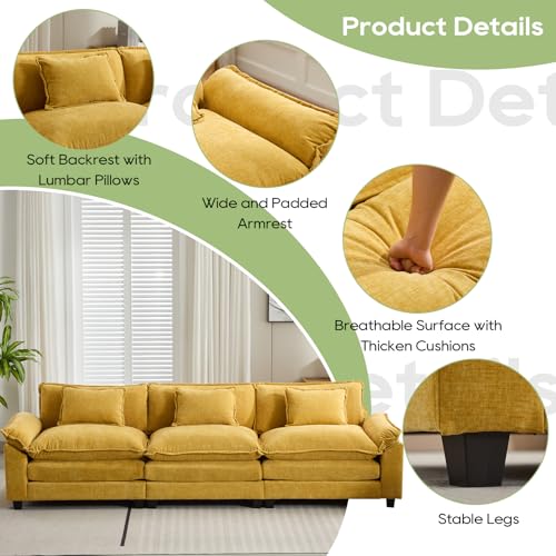 Image of Oprisen 120 inch Modular Sectional Sofa, Comfy Cloud Couch Sectional Sofa, Chenille Sofa Sleeper Deep Seat Sofa with Throw Pillows for Living Room (Yellow, 120 inch- 3 Seater)