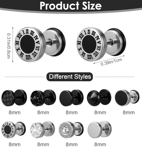 Fake Gauge Earrings, 9 Pairs Stainless Steel Round Studs Cheater Plugs Faux Tunnels Flat Back for Men Women2