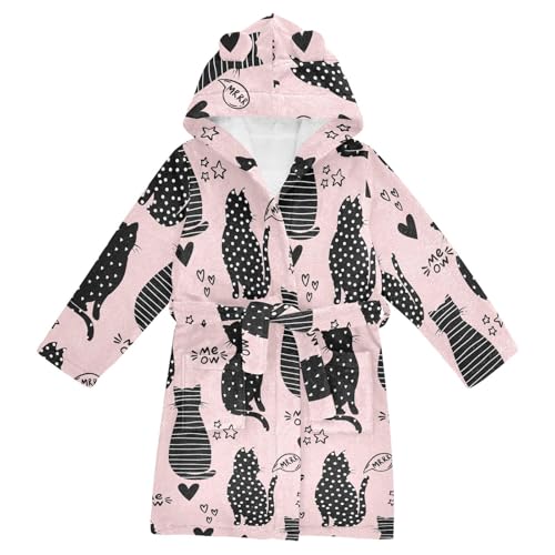 WIFIU Toddler Baby Hooded Bathrobe for Boys Girls Black Silhouette Cats Printed, Soft Plush Bath Towel Robe with 2 Pockets for 7-9 Years
