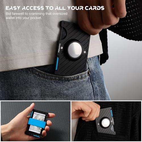 Image of Mens Metal Wallet with Airtag Holder(Not Included Air Tag), Slim Rfid Blocking Wallets with Money Strap, Minimalist Front Pocket Aluminum Card Holder, Black, LKA-03
