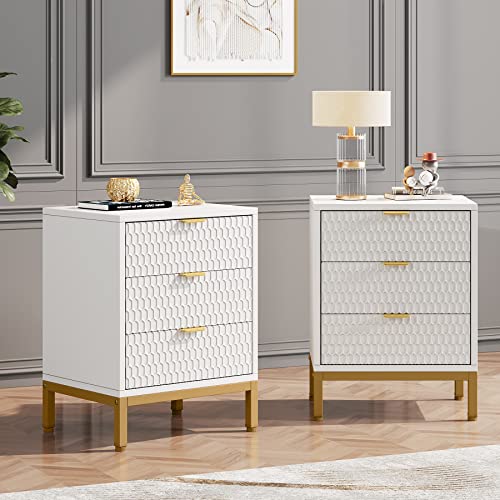 Tribesigns Juego de 2 mesitas de noche altas de 3 cajones con almacenamiento, mesa auxiliar moderna y elegante para dormitorio, sala de estar, blanco y dorado