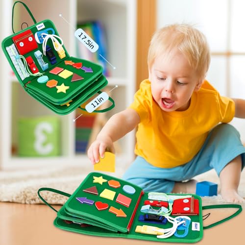 Image of Esjay Toddler Busy Board Montessori Toys for Boys and Girls, Sensory Book Educational Activities for Learning Fine Motor Skills, Birthday Gifts Toddlers, Travel Toys for Airplane Car, Green Multipages