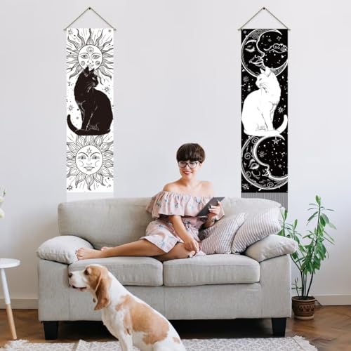 AHANDMAKER Pack of 2 Black and White Cat Tapestries Sun and Moon Tapestry Vintage Black White Tassel Tapestry Wall Hanging for Bedroom Living Room Home, 13 x 51 Inch