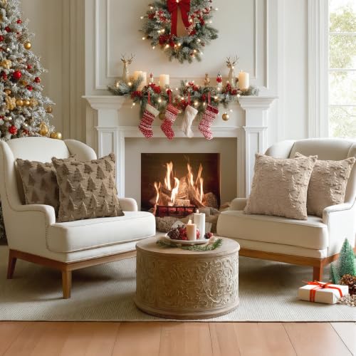 Image of MIULEE Christmas Throw Pillow Covers Light Brown Christmas Decorations Set of 2 Xmas Tree 18x18 Pillow Covers Soft Plush Faux Wool Pillowcases Holiday Festivals Winter Home Decor Sofa Couch Bed Porch