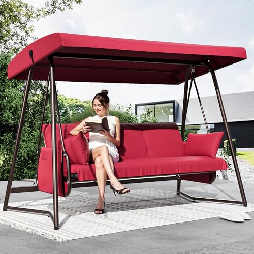 3-4 Person Oversized Outdoor Porch Swing with Adjustable Backrest Canopy,2-in-1 Swing Bed 800 lbs Capacity,Patio Swing with Removable Cushions for Yard Garden Poolside Balcony