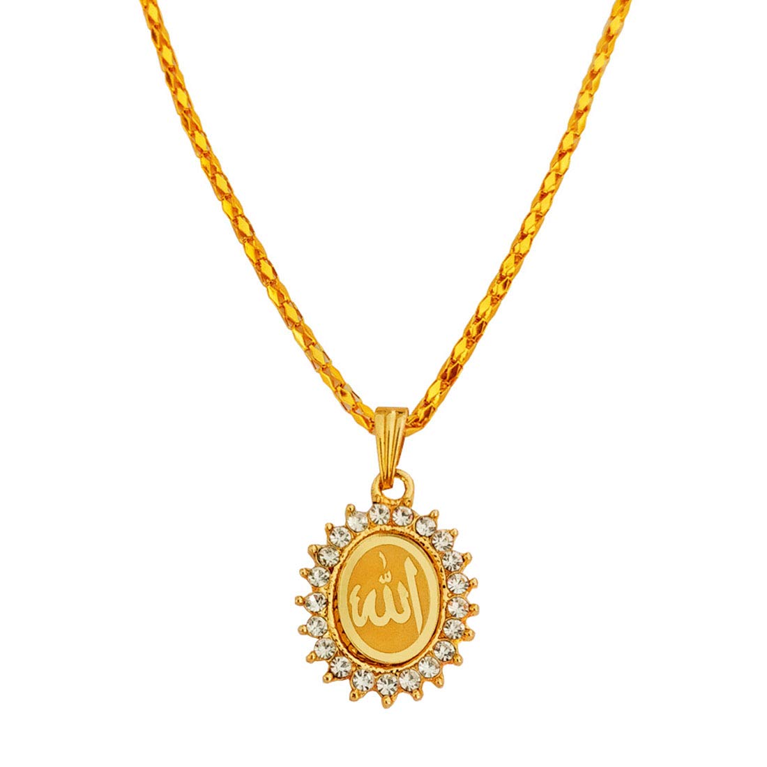 Religious Ramjan Eid Gift Cubic Zirconium Islamic Allah Symbol Locket with Chain Gold Brass Necklace Chain for Men and Women-image-38