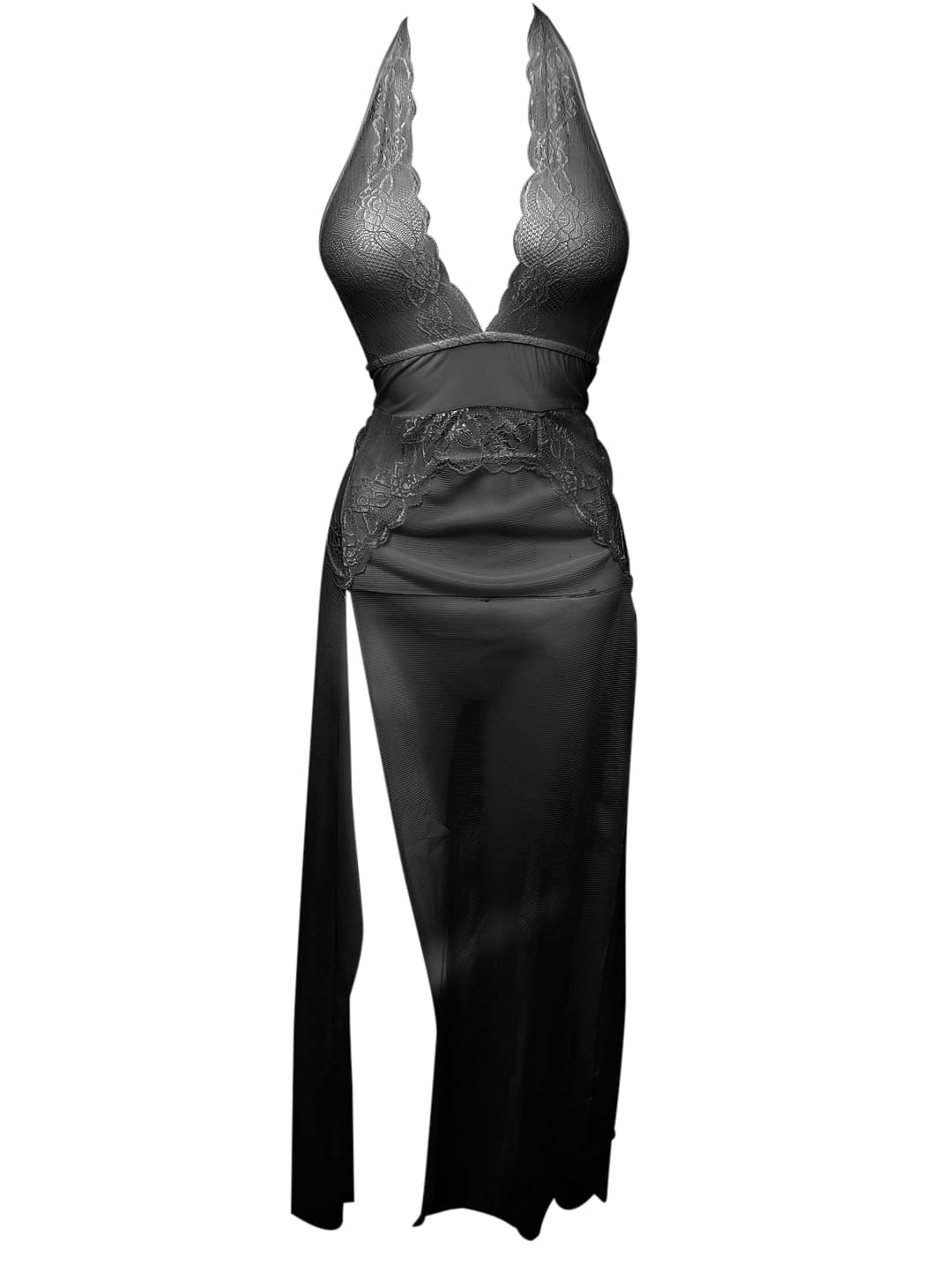 Women Lingerie Lace Neck Floral Lace Night Gown Backless Sexy Long Lingerie Dress (Bee_BBDeg23_Blk_BZ)