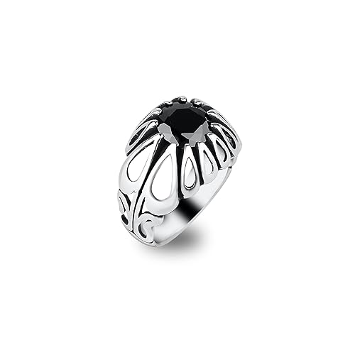 Hollow Leaves Ring, Sterling Silver Onyx Ring, Black Gemstone Bezel Ring, Stylish Hollowed Ring, Cool Birthday Gift Idea