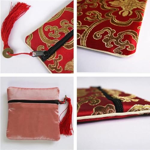 Image of PINOWU 8pcs Silk Brocade Jewelry Bags with Zipper (11.5x11.5cm), Jewellery Silk Purse Pouch Gift Bags for Women Coins Traveling Jewelry Rolls Wedding Birthday Party Favors (Pack of 2)