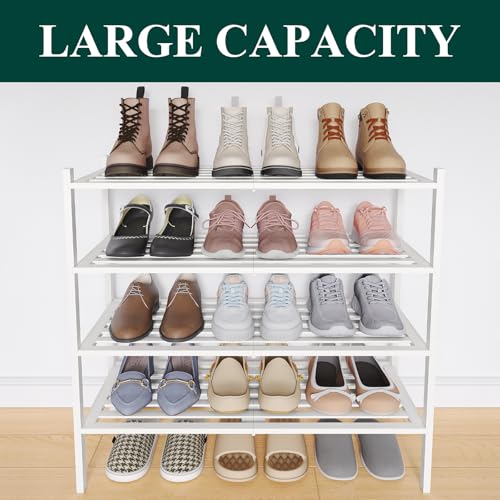 Image of Smiry Bamboo Shoe Rack, 5 Horizontal Slats, 4 Tier - 26.8 inch Wide, White