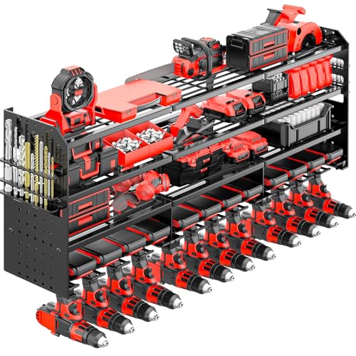VeyFolzin.st Wandhalterung Schlagbohrschrauber Werkzeugregal – Schweres Metall Werkzeugorganizer mit 12 Kammern und 4 Ebenen für Garage & Werkstatt (Schwarz, 12-Kamera)