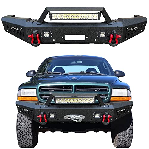 Ronghui Off-Road Replacement Front Bumper Textured Black with 4x24W LED SpotLights & 1x144W Aluminum Light Bar & 2xD-Rings Compatible with 1997-2004 Dakota / 1998-2003 Durango