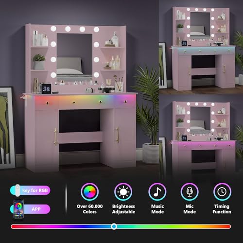 Image of Wodeer Makeup Vanity Desk with Mirror and Lights, 43 inch Pink Vanity Set with 3 Drawers, Power Outlet & Adjustable RGB LED Lights, Dressing Table with Storage Shelf for Women & Girls Bedroom