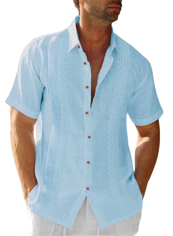 JMIERRMens Cotton Linen Guayabera Shirts Casual Button Up Short Sleeve Summer Beach Shirt