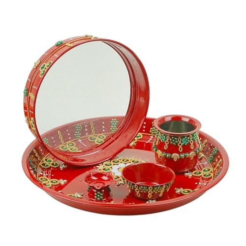 Aditri Creation Karwachauth Pooja Thali Puja Plate Decorative Steel Puja Thali with Kalash & Channi Essential Pooja Articles for Pooja Ritual Wedding Indian Traditional Festival Decor(Thali Size-11)