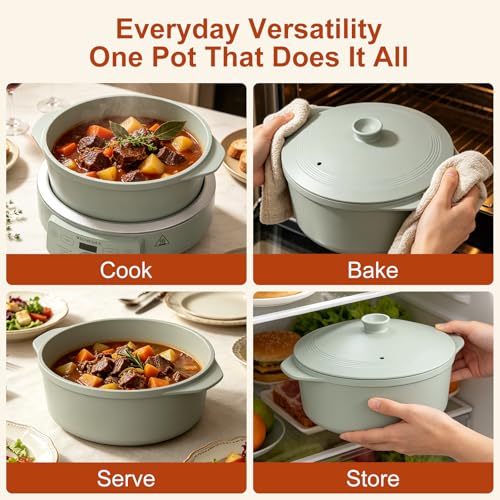 Image of MAGNIFIQUE Slow Cooker, 4.5 Quart 8-in-1 Clay Pot Multi-Cooker, Non-Toxic Slow Cooker with Removable Clay Pot, for Rice, Pasta, Steam & Proof, Nonstick, Oven Safe Pot to 500F, Olive