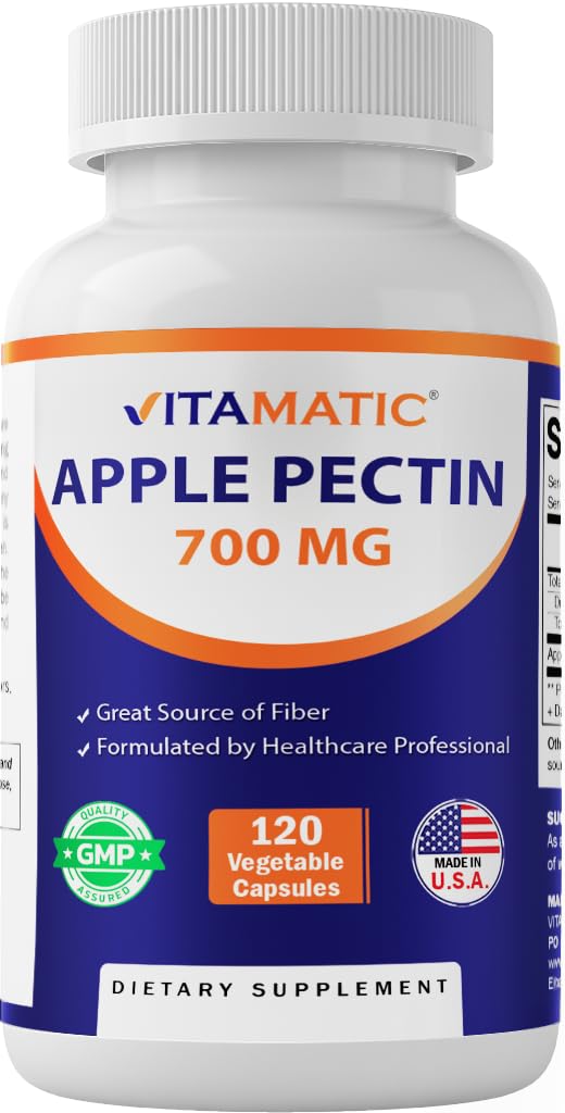 Vitamatic Apple Pectin 700mg 120 Vegetarian Capsules per Bottle Natural Dietary Fiber Supplement Supports Digestive Health Regularity