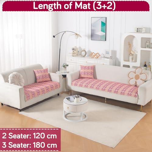 Image of HOKIPO 300 GSM Cotton Acrylic Jacquard Sofa Cover Mat for 5 Seater (3+2) with Tassel, 'Trivana Series' Cherry Red (IN-936+934-J8)