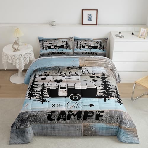 Erosebridal Happy Camping Bedding Set for Boys Kids Teens, Rustic Farmhouse Style Comforter Set Camper Bedding,Vintage Old Barn Door Duvet Insert Sketch Drawing Inner Fill, Twin Size