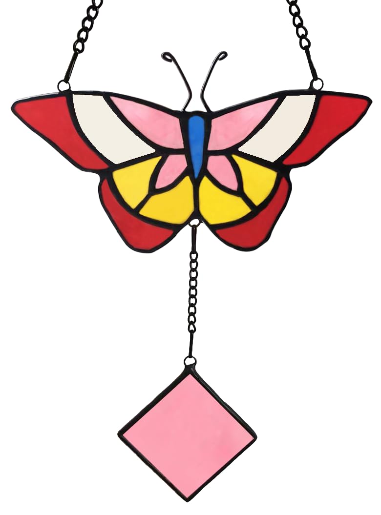kalockolo Butterfly Stained Glass Window Hanging, Handmade Stained Glass Butterfly Suncatcher Panels Birthday Gifts for Mother, Father, Grandma, Grandpa, Red