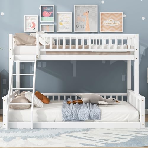 Merax Twin XL Over Queen Floor Bunk Bed with Ladder and Guardrails, Bedroom Wood Bunk Bed Frame for Kids/Teens/Youths/Adults, Space Saving & Noise Free, No Box Spring Needed, White - Image 6