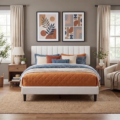 GarveeHome Bed Frame Queen Size with Adjustable Height Vertical Channel Tufted Headboard, Upholstered Platform Bed Frame with Sturdy Wooden Slats Supp