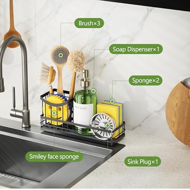 Cisily Sink Caddy Organizer with Drying Stone, Instant Dry Sponge Holder, Sink Brush Holder for Countertop, Kitchen Storage Organizer and Accessories, Black