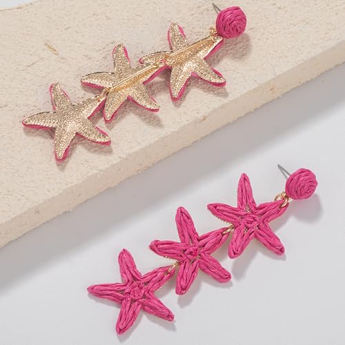 Hot Pink Raffia Starfish Dangle Drop Earrings Boho Summer Beach Jewelry by FANCY SHINY - Used condition - Image 5