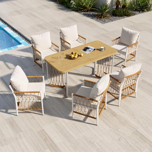 Merax Gartenmöbel Set – 7-teiliges Gartentisch mit Stühlen Set aus Rattan und Eisengestell, Sitzgruppe Outdoor für Terrasse und Balkon, 1 Tisch und 6 Stühle in Beige und Braun
