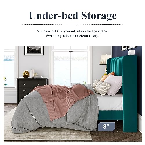 Allewie Queen Size Bed Frame/Velvet Upholstered Platform Bed/Vertical Channel Tufted Wingback Headboard/Strong Wooden Slats/No Box Spring Needed/Easy Assembly/Teal