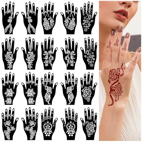 RAZET 20 Blatt Henna Tattoo Schablonen Set Hand Selbstklebende Mehndi Vorlagen für Handflächen & Finger Indische Arabische Tattoo Sticker für DIY Körperkunst & Partys