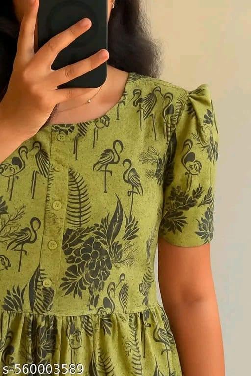 Image of Women's Rayon A-Line Midi Dress, Floral Print, Short Sleeves, Round Neck, Tiered Design
