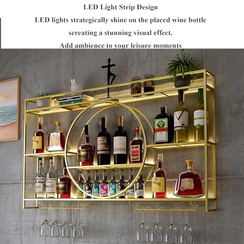 Support de rangement pour vin suspendu étagère murale métal avec verre LED - 4
