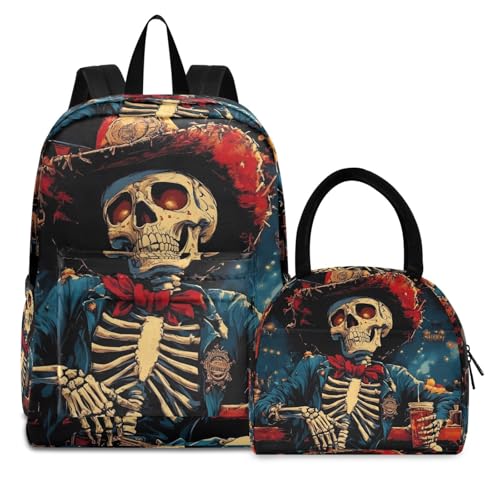 Backpack Lunch Box Set Large Capacity Travel Backpacks and Insulated Lunch Bag for Commute Hiking Picnic Mexican Skull Print