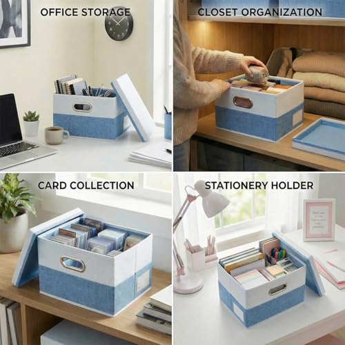 Image of PRANDOM Storage Bins with Lids [3-Pack] Linen Fabric Foldable Storage Boxes Organizer Containers Baskets Cube with Cover for Bedroom Closet Office Blue&White（11.4X8.6X6.7