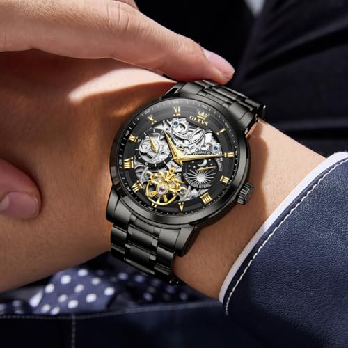 Image of OLEVS Automatic Men Watch Self Winding Mechanical Moon Phase Business Luxury Diamond Dress Stainless Steel Waterproof Luminous Mens Wrist Watch