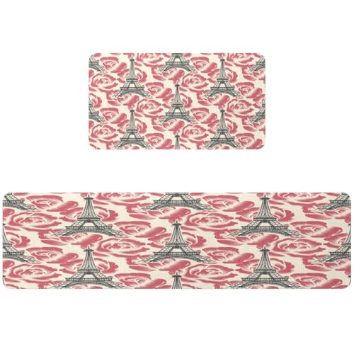 Tapete de cocina de 2 piezas diseño Torre Eiffel con flores absorbentes 2