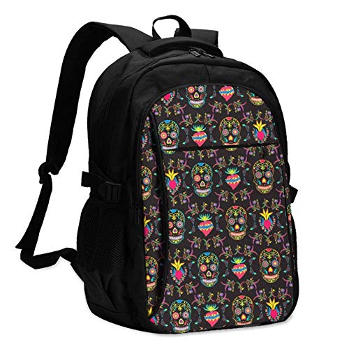 XCNGG Mochila USB con múltiples Bolsillos, Mochila Informal, Mochila Escolar Mexican Sugar Skull Unisex Travel Laptop Backpack with USB Charging Port School Anti-Theft Bag