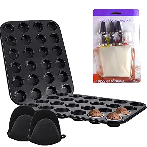 Asfety Muffin Pan, 2Pcs Mini Muffin Pan With Oven Mitts And Piping Bags And Tip Set, Heavy Duty Carbon Steel Cupcake Pan For Baking Mini Cupcakes, Small Muffins Or Bite Size Tarts, 24-Cup #TOP10