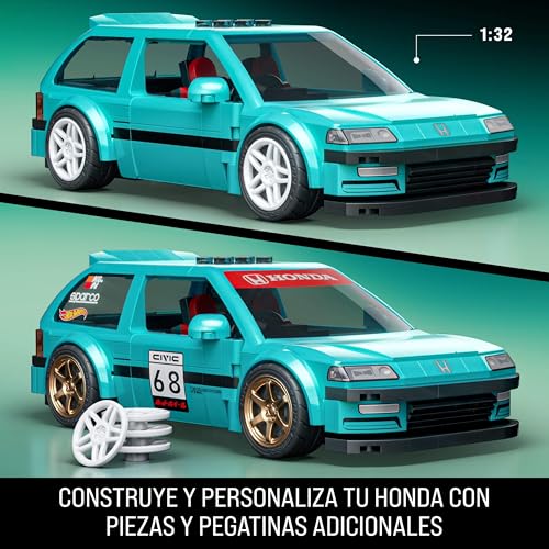 Miniatura 3 de Mattel Brick Shop Hot Wheels Honda Civic EF '90 Personalizado | 248 piezas, detalles realistas, calcomanías personalizadas, coche metálico a escala 1:64, para adultos y niños de 10+, JHF62