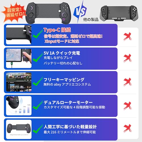 abxylute S9 プロゲーマー向け フルサイズゲームパッド iPhone15/16 シリーズ・iPad Mini 6/7・Android、タブレット・ Type-C 高速接続（安定）＋ブルートゥース・ホール効果ジョイスティック/トリガー付きスマホコントローラー ドリフト防止無線コントローラー 高耐久ボタン ・216㎜の伸縮 4 段階振動 6軸ジャイロセンサー Minecraft /原神/ COD/荒野行動/PUBG 日本語の説明書
