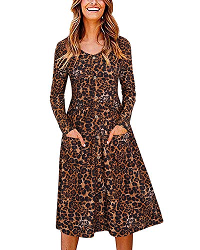 OUGES Winterkleid Damen Langarm Kleid V-Ausschnitt Midi Kleider Herbstkleid Knielang Freizeitkleid mit Taschen(Brauner Leopard02, S)