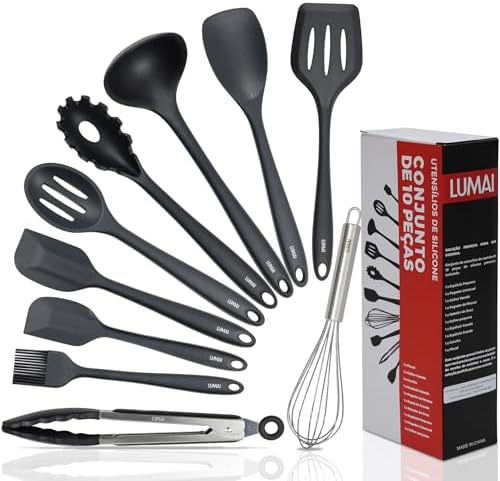 LUMAI Kit 10 Utensílios de Cozinha em Silicone e Aço Inox, Resist...