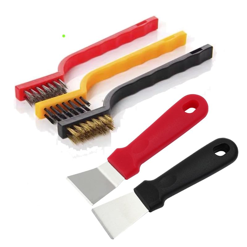 5pcs Kitchen Stove Cleaning Brush + Scraper Tool Set,Heavy Duty Scraper for Gas Burners Cooktop Pot Pan Brass,Fruit and Vegetable Tools,Stove Scraper Tool,Kitchen Brush,Cleaning Scraper