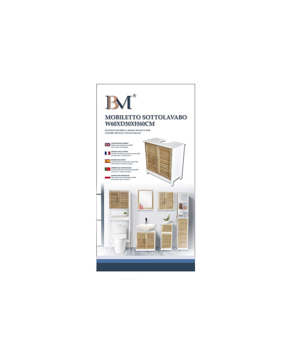 BM 4007 Mobiletto Sottolavabo/Armadietto Sottolavabo, W60xD30xH60cm, MDF, Colore Bianco/Legno Grano, Completo di Due Ante e Un Ripiano