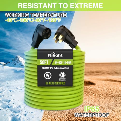Image of Nilight 50FT 50 Amp RV Extension Cord 250V Heavy Duty 6 /3+8 /1 Gauge Pure Copper STW Wire UL ETL Listed 4 Prong 14-50P 14-50R Weatherproof Suit for EV Trailer Campers Bright Green