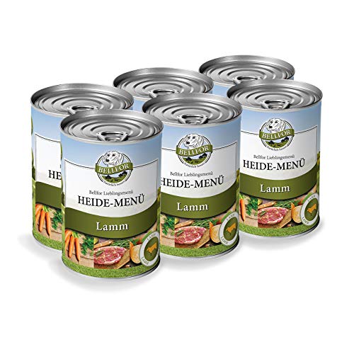 Bellfor Heide-Menü Hundefutter Nass mit Frischem Lammfleisch 6 x 400 g - Getreidefrei Ohne Soja, Zucker, Synthetische Farb-, Konservierungs- und Aromastoffe