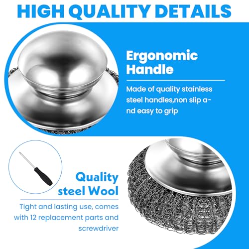 Image of 4 Pcs Steel Wool Scrubber with Handle Heavy Duty Metal Pot Scrubber Brush 16 Pcs Stainless Wool for Cleaning Dishes Pans Steel Scouring Pad for Kitchen Cast Iron Sink Griddles Grills