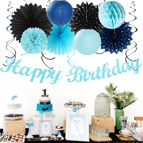 Image of Light-Royal Navy-Blue Black Birthday Party-decorations - 21pcs Boys Men Happy Banner,Paper Streamers Lanterns Honeycomb,Tissue Pom Poms Fan,Adult Supplies Decor 16th 20th 40th 45th 50th 60th Huglony